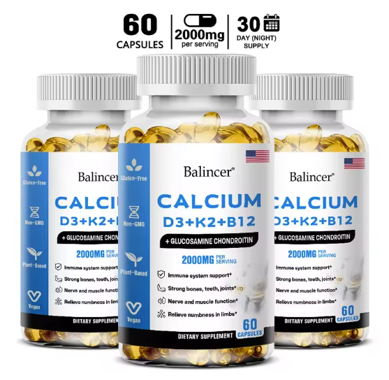 Calcium + D3 + K2 + B12 Capsules - Support Bone and Muscle Health, Replenish Joints
