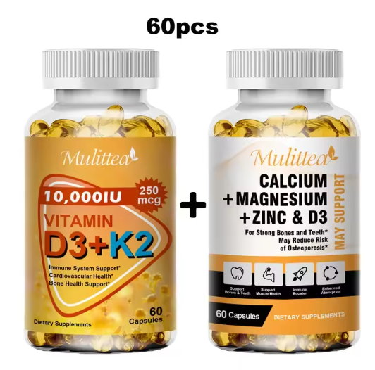 Mulittea Hot Sale Calcium and Magnesium & D3K2 Capusles Support Bone and Muscle Health Replenish Joints Stress & Anxiety Relief