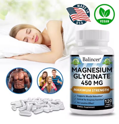 High Absorption MAGNESIUM GLYCINATE, 100% Chelated, Muscle and Nerve Health, Enzyme Function, Non-GMO, Vegan, Gluten Free 450 Mg