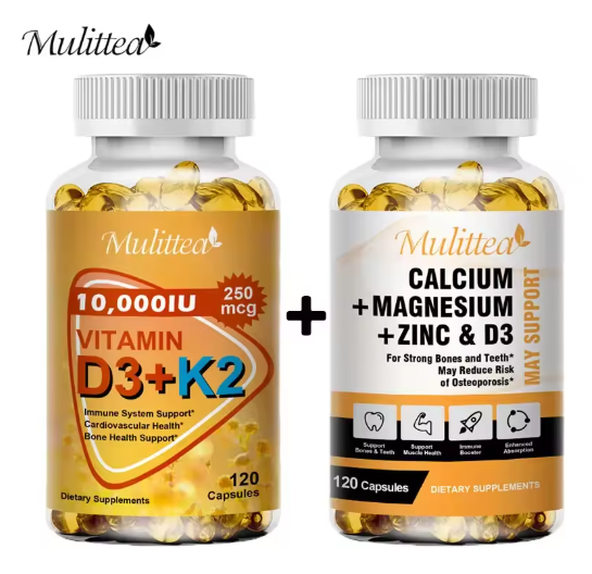 Mulittea Hot Sale Calcium and Magnesium & D3K2 Capusles Support Bone and Muscle Health Replenish Joints Stress & Anxiety Relief
