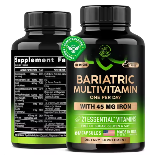 45 milligrams of complex vitamin iron supplement, suitable for men and women, with 21 essential vitamins and 60 capsules in one