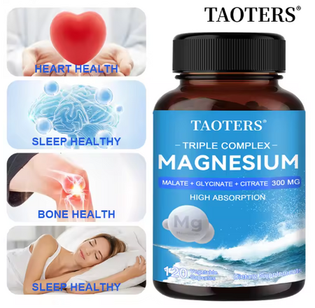 Magnesium Malate + Glycine + Magnesium Citrate 300 Mg - Supports Heart Health and Muscle Function; Improves Energy, Mood