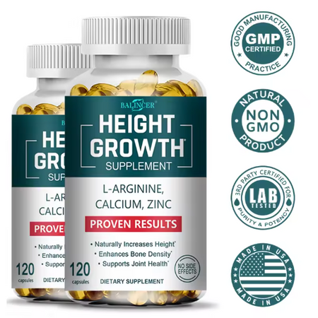 Height Growth Calcium Vitamin D Supplement Natural Vegetarian Capsules Increase Bone Strength Height Promoter Adults Children